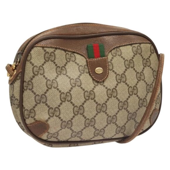 GUCCI GG Supreme Web Sherry Line Bag PVC Beige Gold 156 02 066 Auth bs27546 - Picture 1 of 16